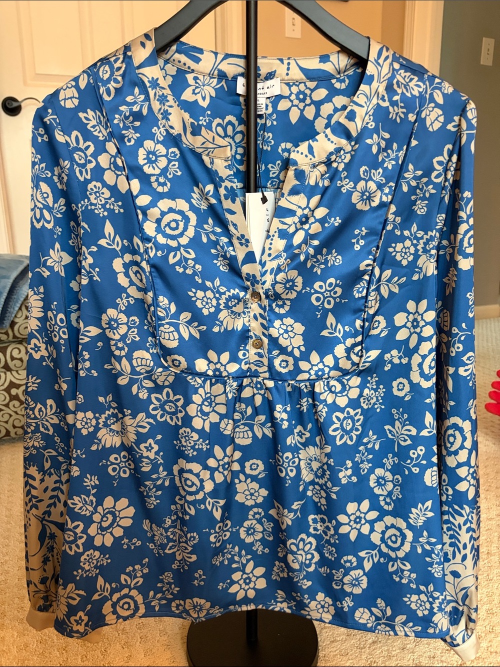 Current Air Blue and Cream Floral Long-Sleeve Blouse